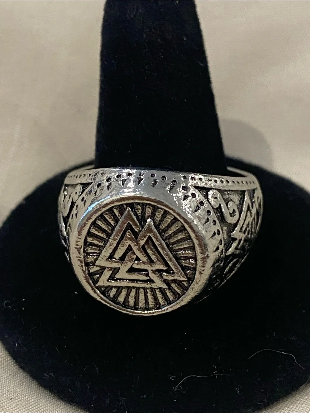Sterling-Look Viking Valknut Signet Ring - Black Silver Tone. Size 14